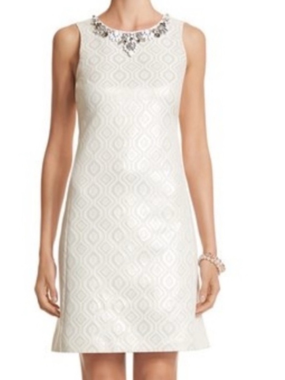 NWT White House Black Market Ivory jacquard beaded Dress Sz 6